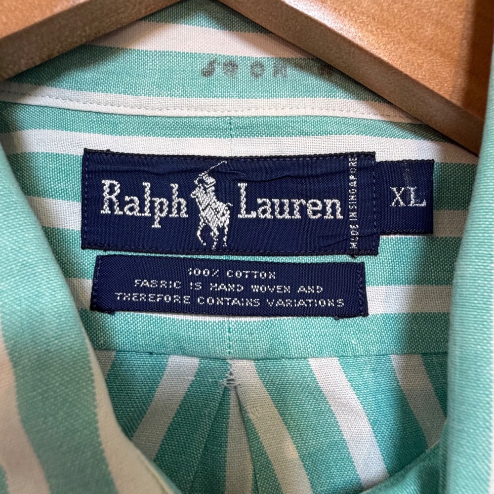 Ralph Lauren Mens XL Teal White Striped Hand Woven Cotton Button Down Shirt - Picture 2 of 8